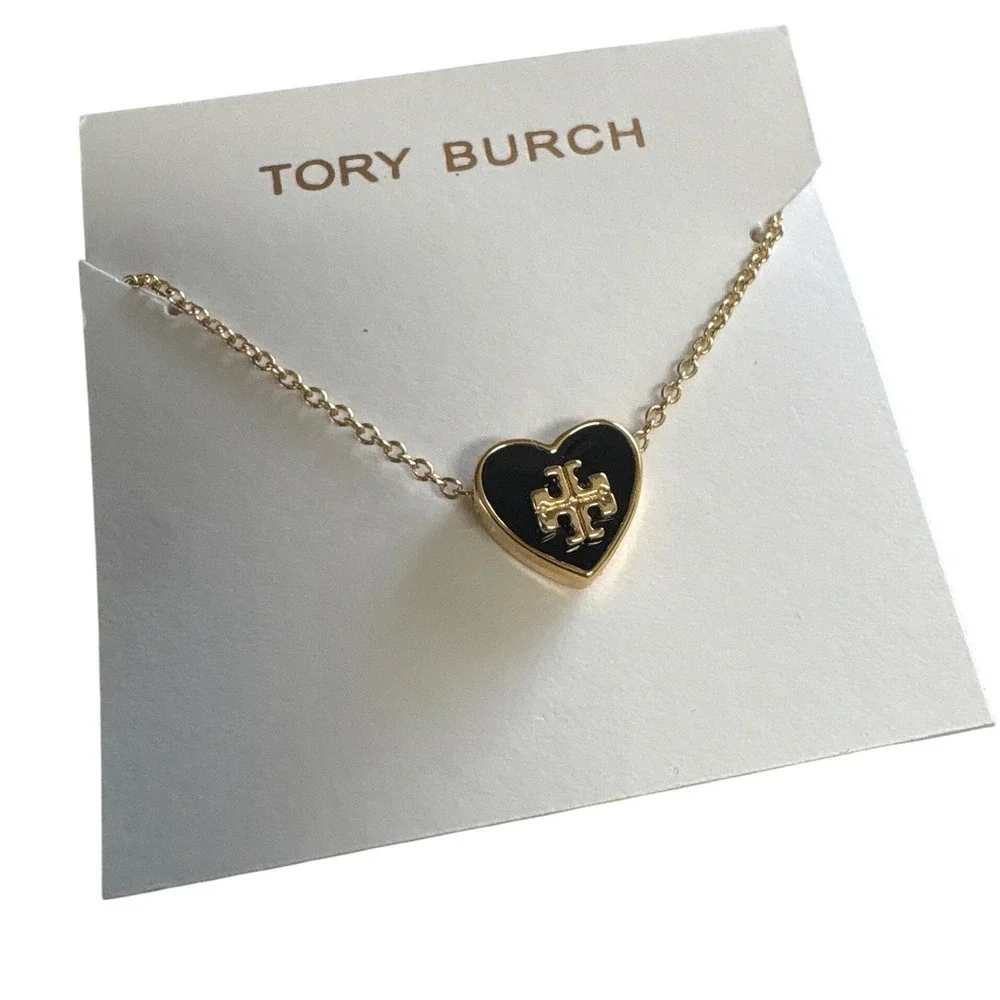 Tory Burch Kira Black Enamel Heart Pendant Necklace Gold Tone Double T Logo 16in